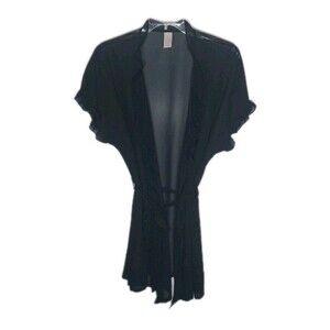 Women's Sheer Robe Sz 1X/2X Black Ruffled Belted Short Sleeve Romantic Cover Up